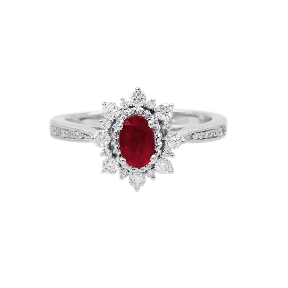 雪花橢圓形紅寶石圍石鑽石戒指 - WILLS JEWELLERY