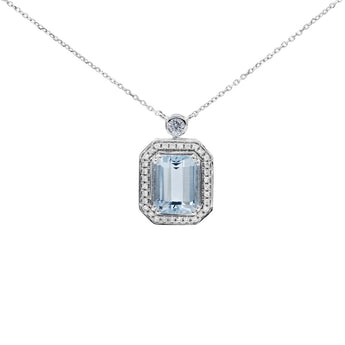 祖母綠形冰藍色海藍寶圍石鑽石項鏈 - WILLS JEWELLERY